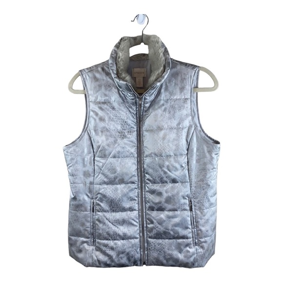 NWT Chico’s Quilted Faux-Fur Collar Animal Print Vest Silver Shimmer Sz S‎ - Picture 1 of 11